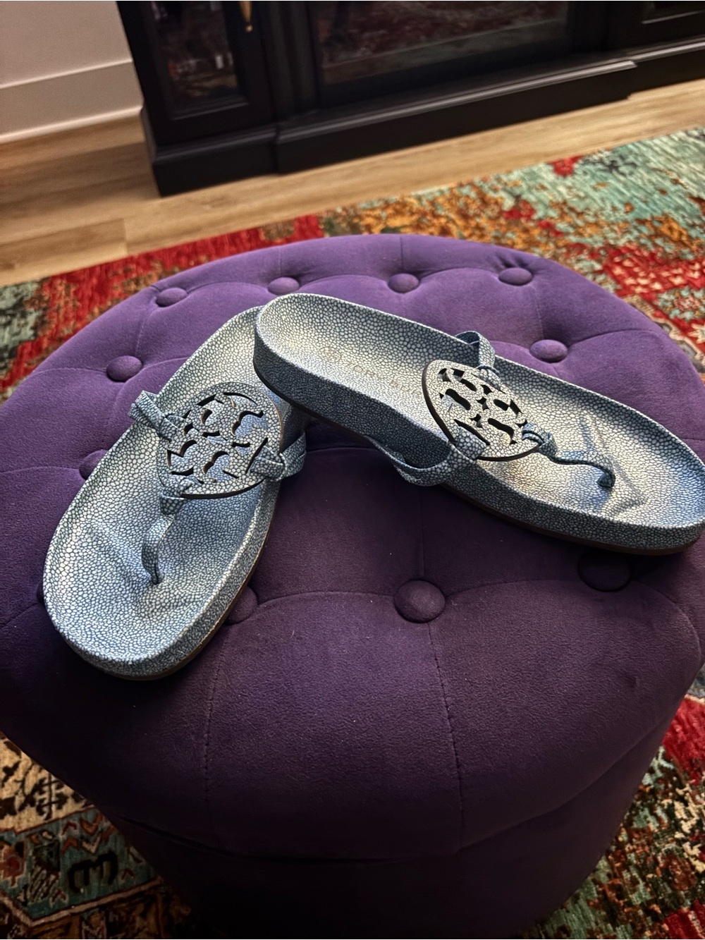Tory Burch Metallic Blue Logo Thong Sandals - Picture 2 of 2